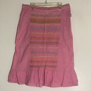 Vintage Oilily Skirt Womens 36 Pink Embroidered Smocked Ruffle Cottage Retro Y2K